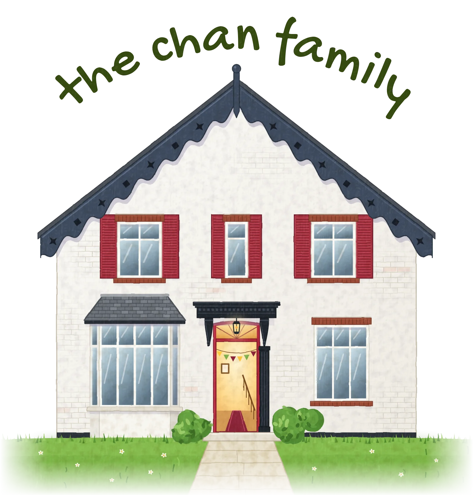 A painting of our house: white brick, red shutters and a red front door